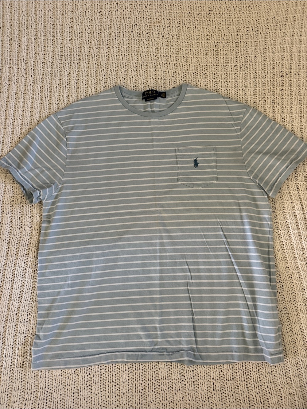 Polo by Ralph Lauren Light Blue and White Striped Pocket Tee